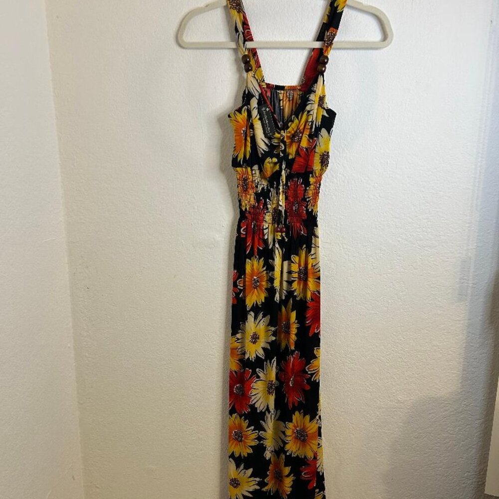 Floral Black Maxi Dress with Yellow & Red Blooms